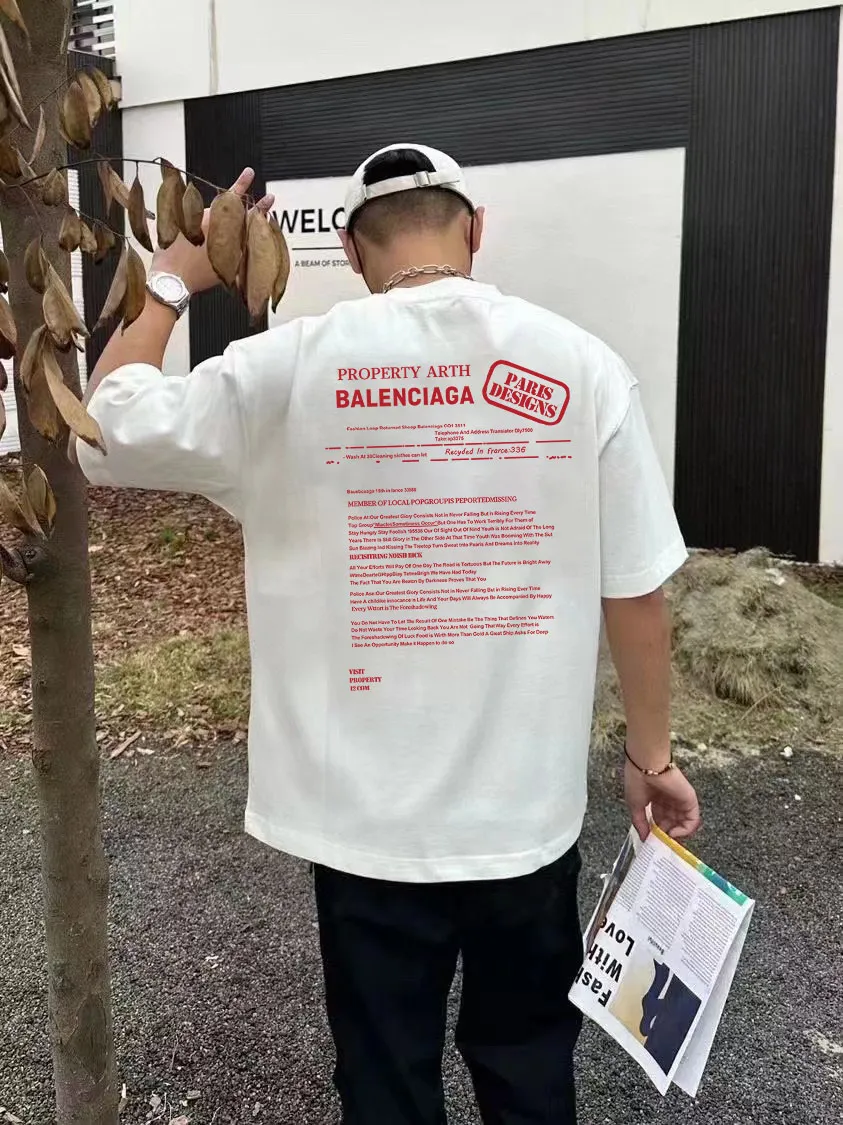 P80✨🔥 BALENCIAGA Paris lettering printed short-sleeved T-shirt, custom-woven and dyed 280g combed cotton heavyweight fabric, zero color difference in thread, perfect details, different from the current version on the market, welcome to compare, Same Style for men and women, must-sell in the picture above Color: White Black Size: 1 2 3 4